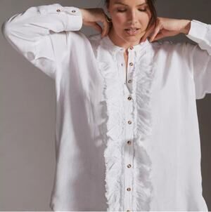 Pilcro Anthropologie White Linen Ruffled Placket Shirt Size Medium